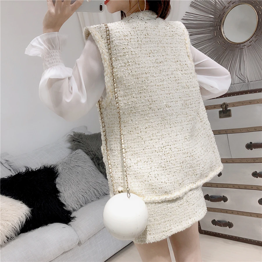 Tweed sleeveless jacket+ skirt suit wire fabric spring / autumn women's jacket ladies woolen fashion 2 piece skirt suit