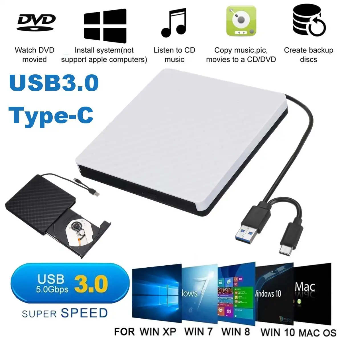 Grabador de DVD externo USB 3,0 tipo C, grabador de DVD RW, Unidad óptica CD/DVD ROM, reproductor MACs OS Windows XP/7/8/10