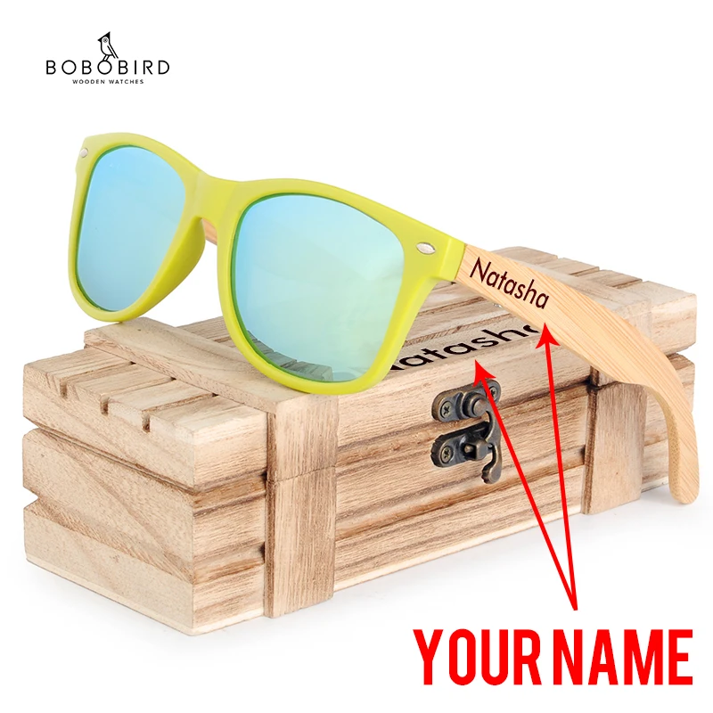 BOBO солнечные очки «Птица» женщин настроить поляризационное стекло древесины UV400 очки gafas de sol mujer выгравированное имя на ногах в Подарочная коробка из дерева