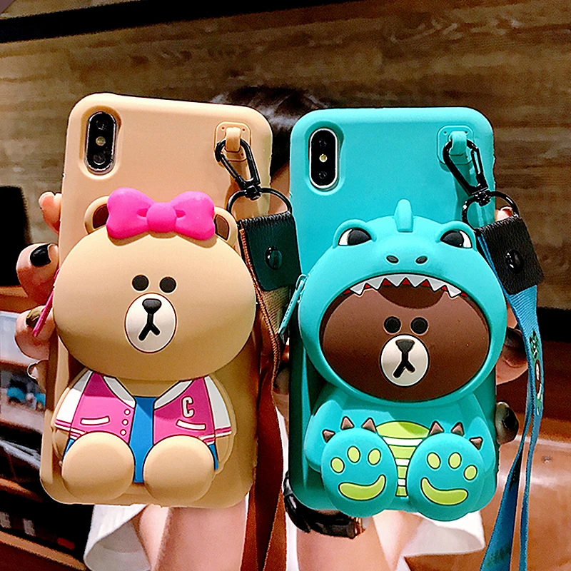 

3D Cartoon Totoro Wallet Phone Case For iPhone XS Max Case 6 7 8 Plus X XR Cute Bear Soft Silicone Anti-fall Lanyard strap Cover