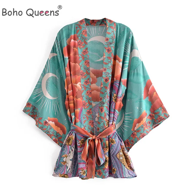 Boho Queens women floral print bat sleeve beach Bohemian kimono dresses  Ladies V neck rayon cotton short robe Kimono 1