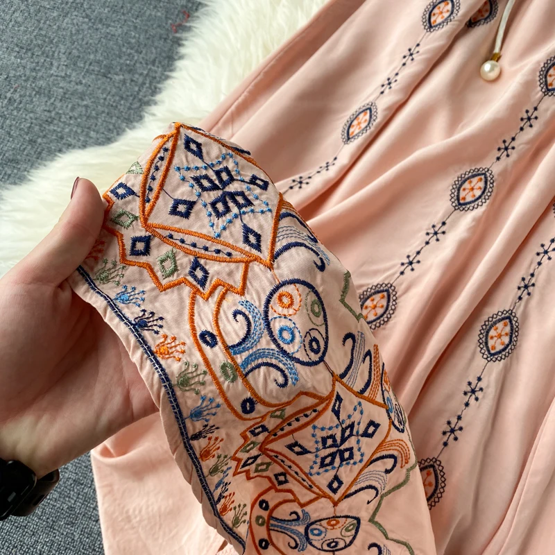 Neploe Indie Folk Vintage Embroidery Dress Fashion O-Neck Sashes Slim Waist Dresses Femme Loose Long Sleeve Mid-Calf Vestidos