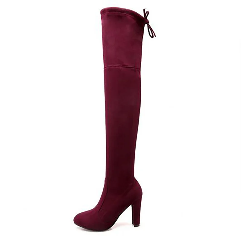 Женские Сапоги выше колена из флока однотонные сапоги до бедра на высоком каблуке со шнуровкой пикантная женская зимняя обувь Размеры 35-43 - Color: Wine Red