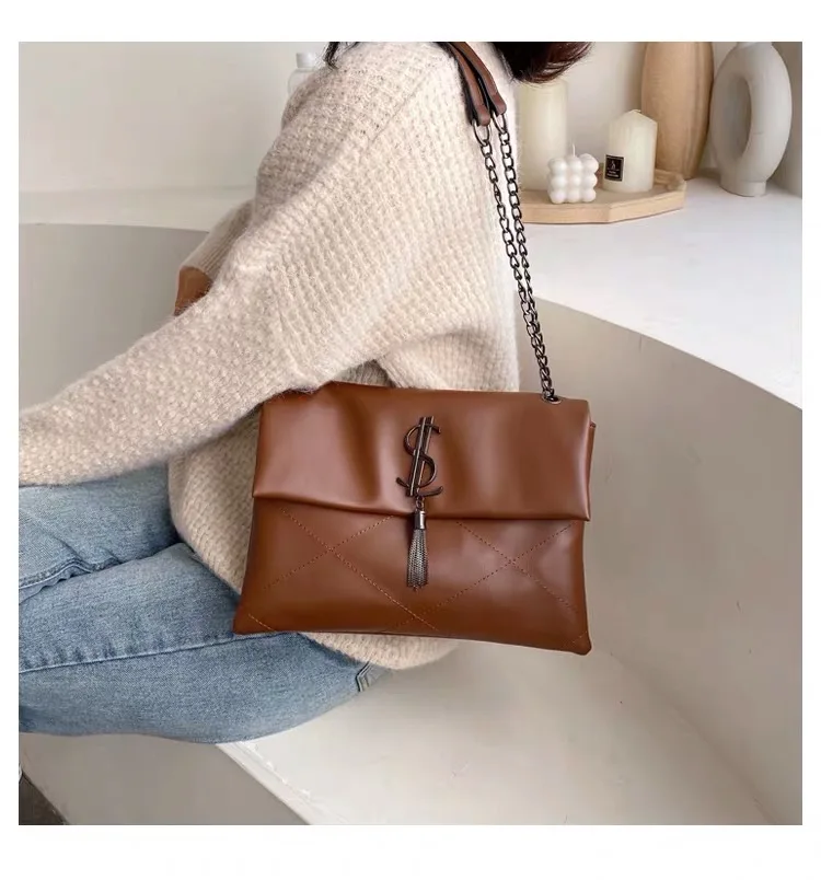 Bolso de hombro de cuero de para mujer, bolso de bandolera con cadena, Bolso grande de diseñador de marca famosa, bolso de