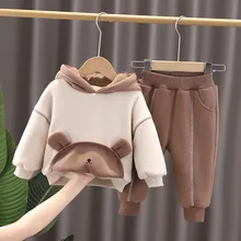 

Winter Warm Thick Velvet CartoonPatchwork Newborn Baby Girl Boy 2-Piece Clothing Set Hoodie+Pant Suit Children Set 1-5 Years Old