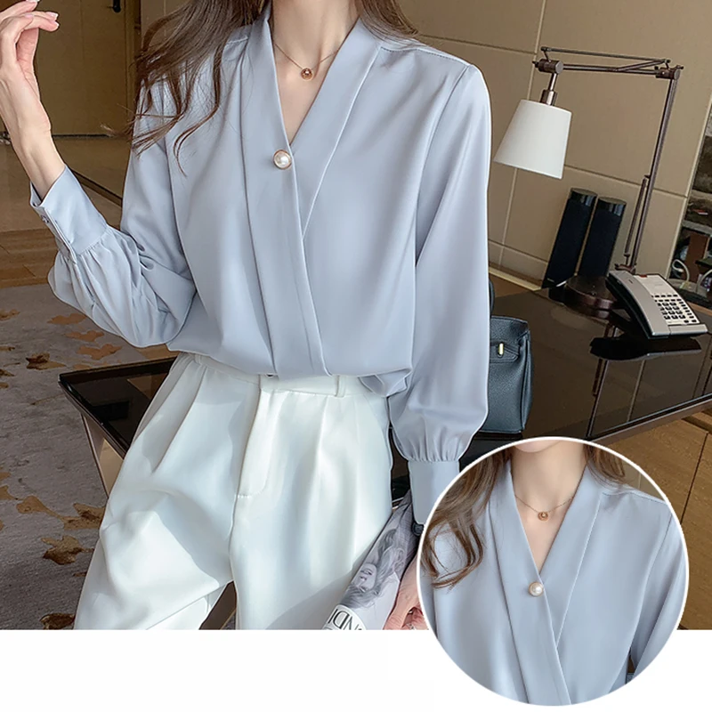 New V-Neck Silk Shirts Women Pullover Short Sleeve Summer Tops 2021 Button Women Blouses Satin Clothing Office Lady Solid Blouse