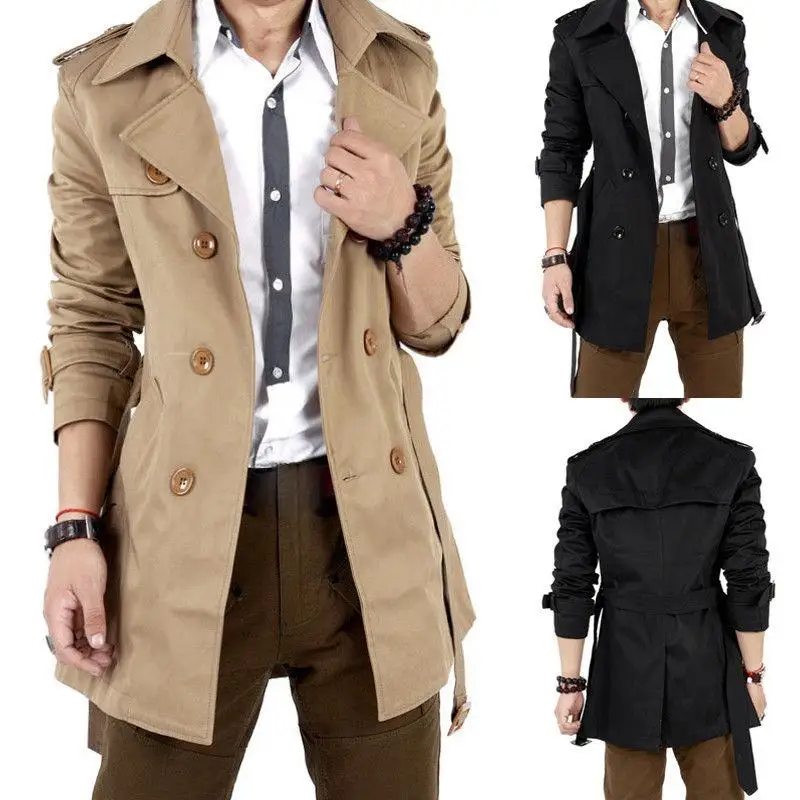 MISSKY Autumn Men Trench Windbreaker Long Solid Color Jacket with Double-breasted Buttons Lapel Collar Coat Male Clothes