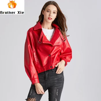 

2020 New Women Faux Leather Jacket Short PU Motor Red Pink Black Punk Jacket Batwing Sleeve Single Breasted Street Outwear