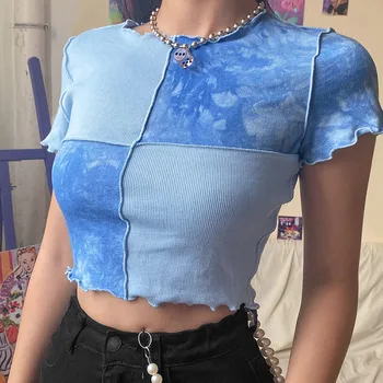 

Women Patchwork Ruched Slim Tee tops Ladies Crew collar Short sleeve Pullover T Shirt Streetwear Casual Sexy Crop top Size S M L