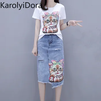 

2020 Summer Women 2 Piece Set Fashion Print Cat Pattern Sequine Cotton T-Shirt And Denim Tassel Hole Pencil Skirts Set