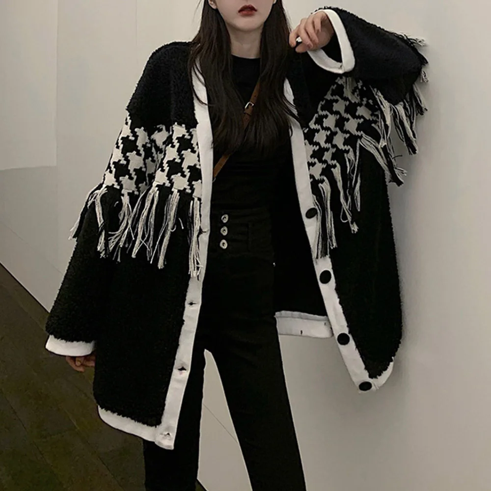 

2020 Winter Lamb Fleece Jacket Women Black Gothic Jackets Tassel Korean Fashion Houndstooth Coat Plush Warm Vintage Outwear