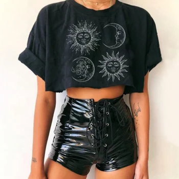 

2020 Women Oversized Black Tee Shirt Punk Sun Moon Print Loose T-shirt Female Harajuku Street Hip Hop Crop Top Gothic T-shirt