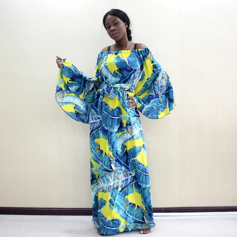 Dashikiage Последние поступления Африканский Дашики пальмовый лист шаблон Печать плеча бабочка рукав Модное женское длинное платье