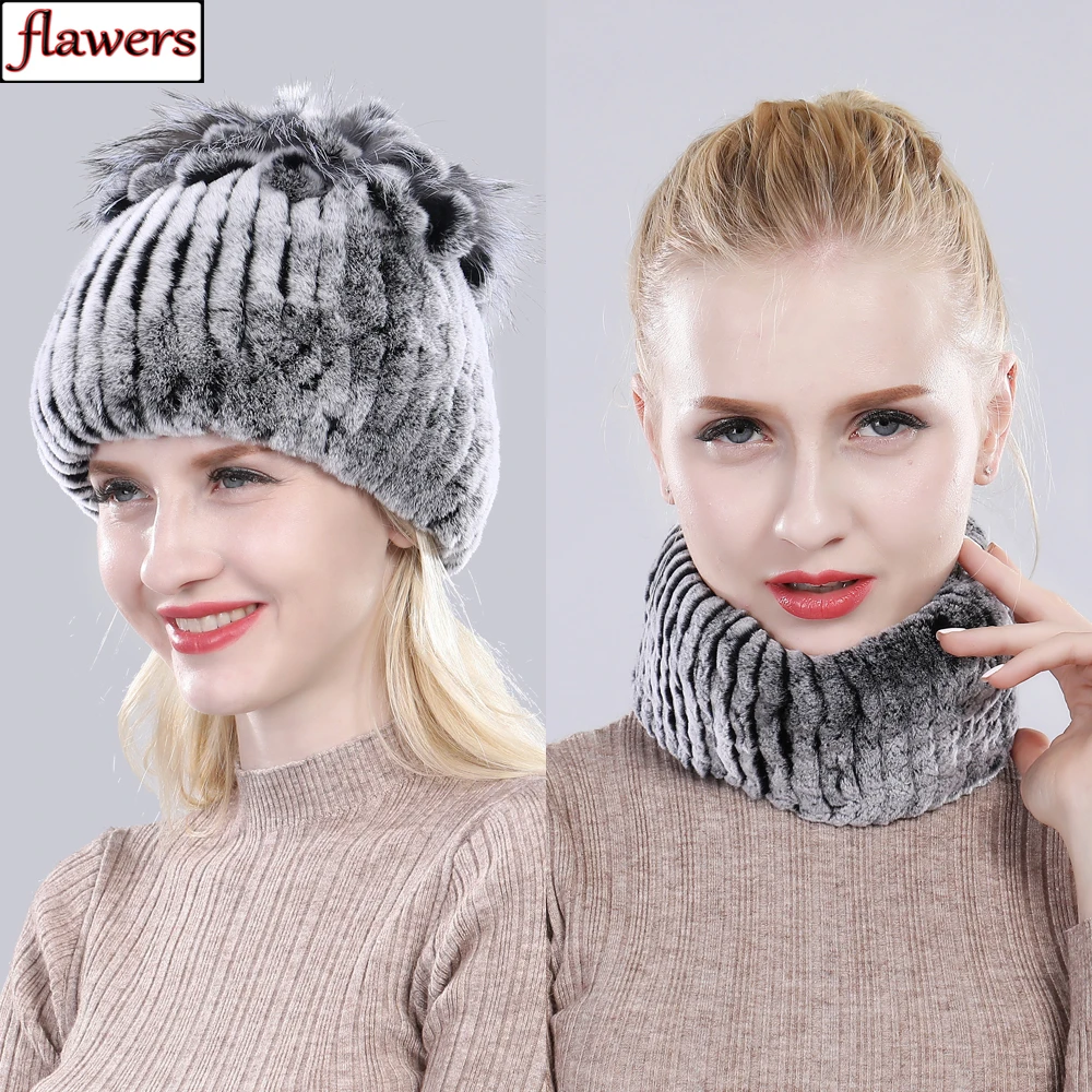 

Winter Knitted 100% Natural Fur Hats Scarves Sets Women Warm Real Rex Rabbit Fur Hat Scarf Lady Fashiom Thick Rex Rabbit Fur Hat