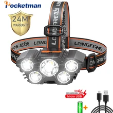 

2022 Powerful 5 led Rechargeable Headlamp head lamp powerful headlight outdoor Camping light head torch flashlight