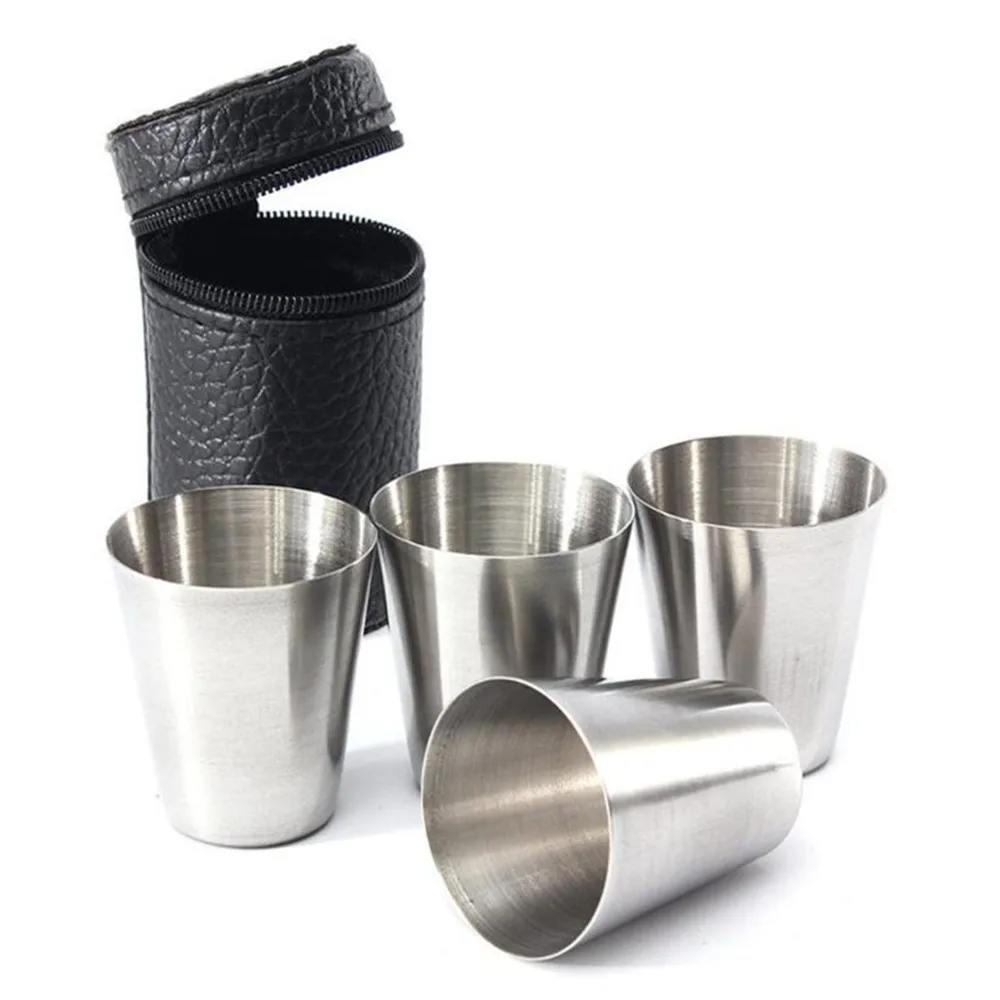 Stainless Steel Shot Glass Cup Drinking Mug w/PU Leather Cover Case Travel 4pcs 