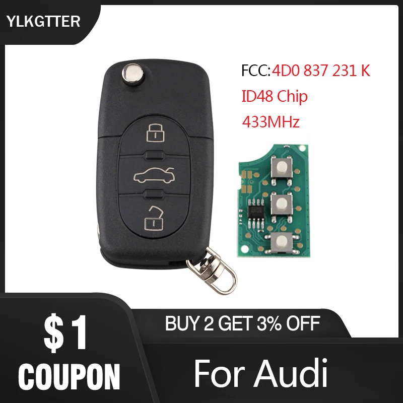 

YLKGTTER 433MHz 3B Flip Folding Remote Key Suit for Audi A6 S6 RS6 A8 TT Old Models 4D0 837 231 K with Transponder ID48 Chip