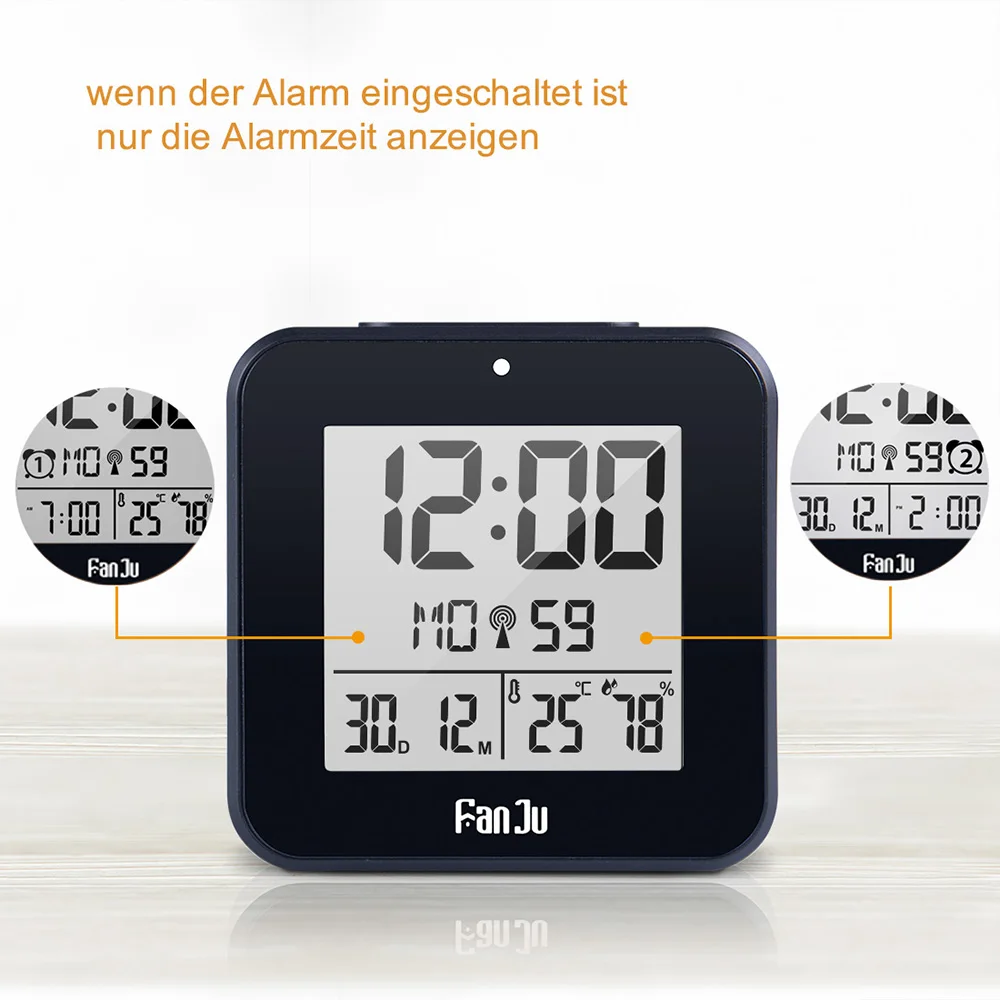 DCF цифровой будильник, термометр, гигрометр, настольные часы, 2 ежедневных будильника, функция автоматической подсветки