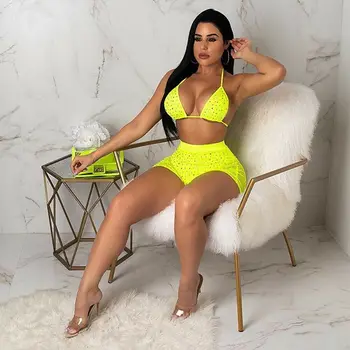 

Women Summer Brand New Halter Neck Luxury Crystal Diamond Push-up Micro Bikini Set Bathing Swimsuit Swimwear Plus Size 2XL