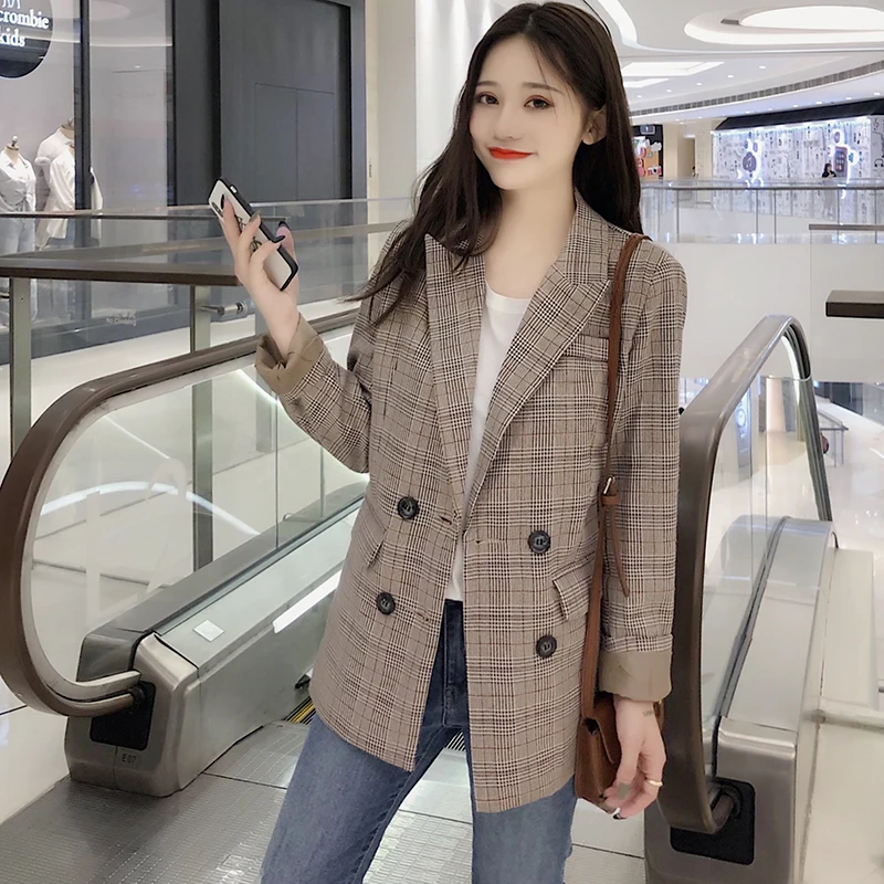 Womens Blazers Check Suit Jacket Woman Spring and Autumn New Korean Long Loose Slim Casual British Style Suit Jacket Woman