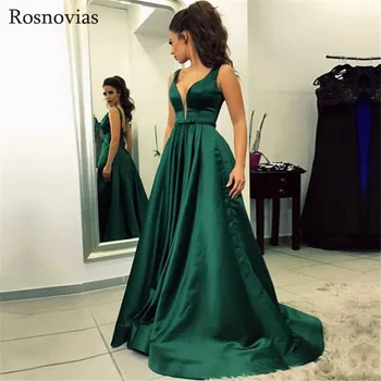

Dark Green Stain Evening Dresses Long 2020 V Neck Backless Prom Party Dresses Formal Gowns Vestido De Noche Custom Cheap