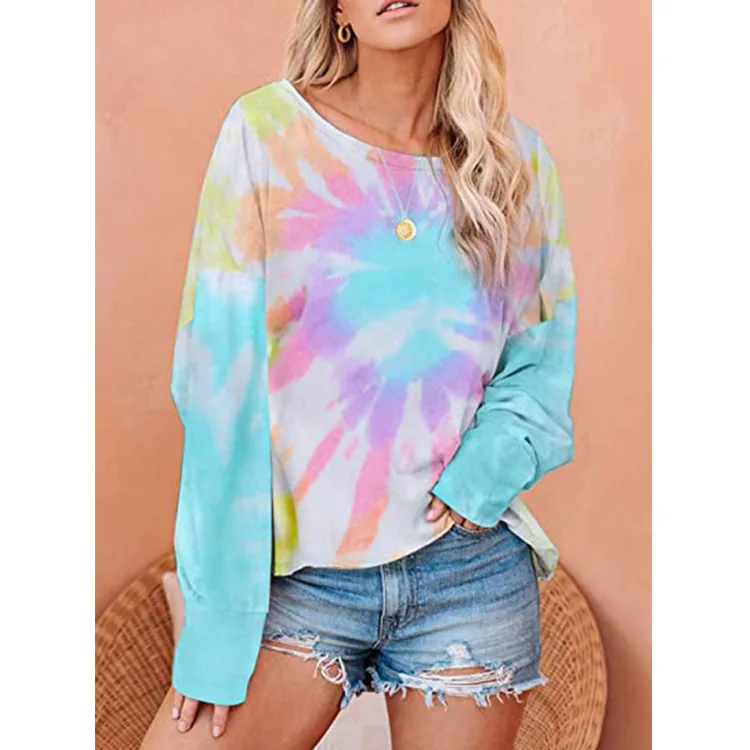 Tie Dye Print Woman T-shirts Long Sleeve Plus Size T Shirt O-neck Gradient Color Tee Shirt Trendy Sexy Women Streetwear