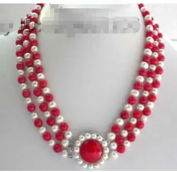 

7-8mm south real freshwater White pearl 3row Natural Red Coral Necklacnecklace for women jewelry 18-22inch18inch