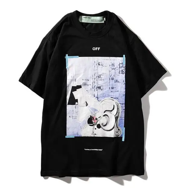 Черный Картина маслом лозунг 19ss Off-White OW мужские и женские парные модели влюбленных хлопок Повседневная мода короткий рукав круглый вырез Футболка - Цвет: Черный