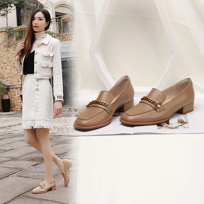 

2019 Spring Low-top Shoes Chunky-Heel Napa Texture Daily Life Chain England College Style Cowhide Casual Shoes Small Leather Sho