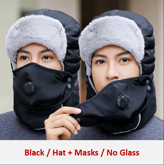 Black No Glass Зимняя шапка, шарф, набор для мужчин и женщин, шапки-бомберы, плюшевые ушанки, ветрозащитные очки, лобовое стекло, пилот, лыжная езда, искусственный мех, шапки-бомберы - Цвет: Black No Glass