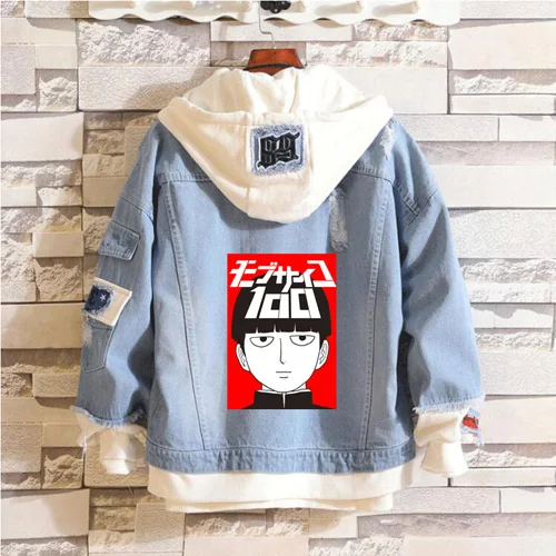 Горячая Распродажа аниме Mob Psycho 100 толстовки с капюшоном ковбой поддельные две части Толстовка Повседневная джинсовая мужская женская куртка - Цвет: 3