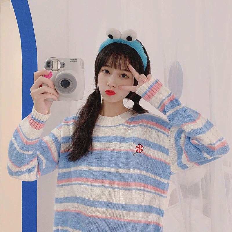 2019 Women's Jumper Cute Kawaii Thick Sweaters Rainbow Striped Embroidered Sweet Sweater Lady Harajuku Chic Ins For Women | Женская