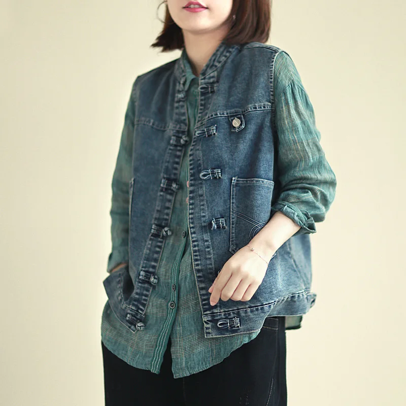 

Casual Retro Cowboy Loose Stand Neck With Buckle Washed Water Denim Vest For Women Coat Female Vintage Vest Female Sleeveless
