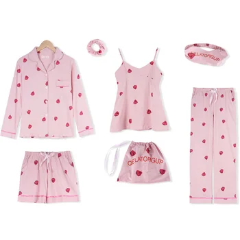 

Women Pajamas Sleepwear Sets Pink 100% Cotton Women 7 Pieces Pajamas Sets Spring Summer Autumn Homewear Top And Shorts