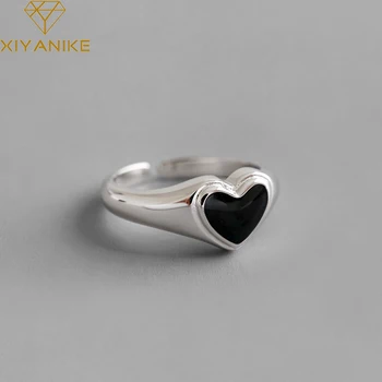 XIYANIKE 925 Sterling Silver Black Love Heart Zircon Crystal Ring Female Retro Fashion Jewelry Opening Classic Кольцо Wholesale
