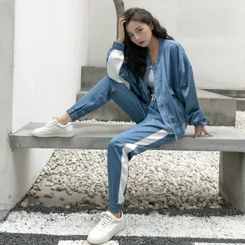 

2020 Spring New Women's Sports Two-piece Set Harajuku Style Solid Color Zipper Stripes Korean Casual Female Outfits Tracksuit