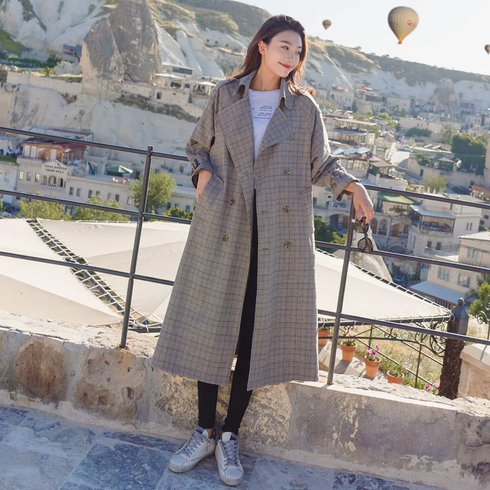 

Fashion Long Coat 2019 Autumn New Style Korean-style WOMEN'S Wear French Retro CHIC-Style Waist Hugging Plaid Trench Coat