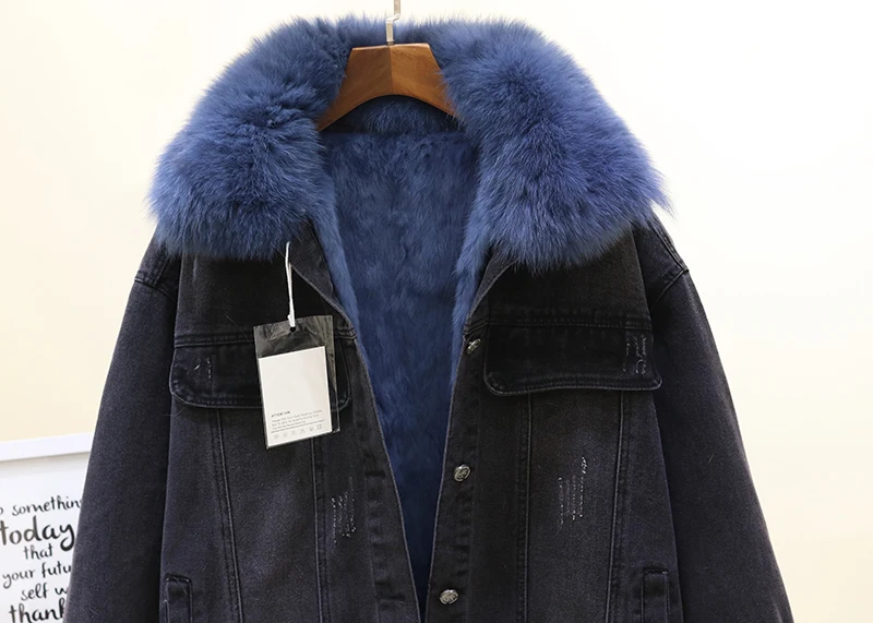 Зимняя куртка из натурального Лисьего меха, женское теплое Стеганое пальто, съемная подкладка из натурального кроличьего меха, женские утепленные джинсовые куртки, теплые парки