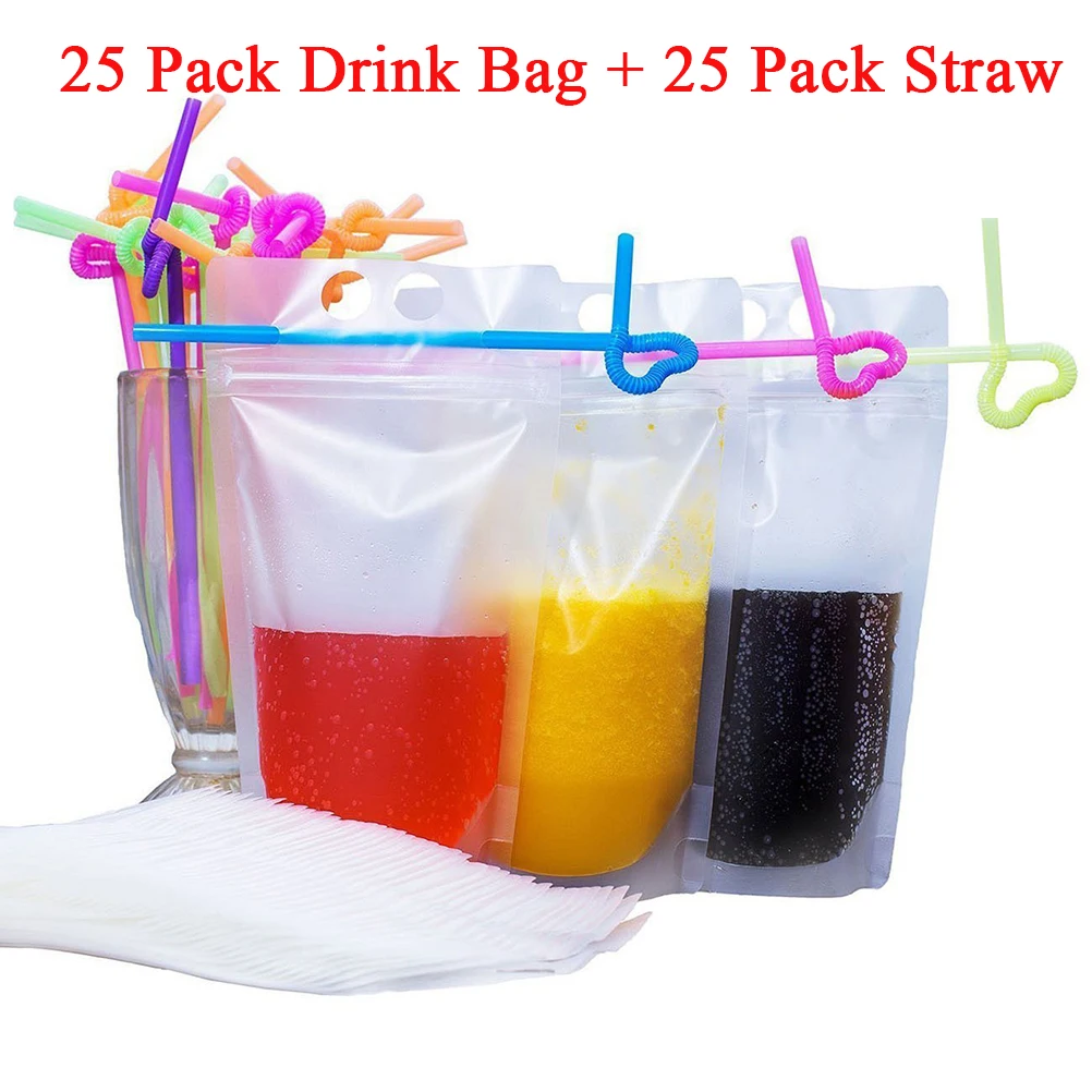 25パックジッパードリンクバッグ包装スパウトパウチドリンクポーチ飲料液体ジュースミルクコーヒーキャンプ屋外収納使い捨てパーティー食器