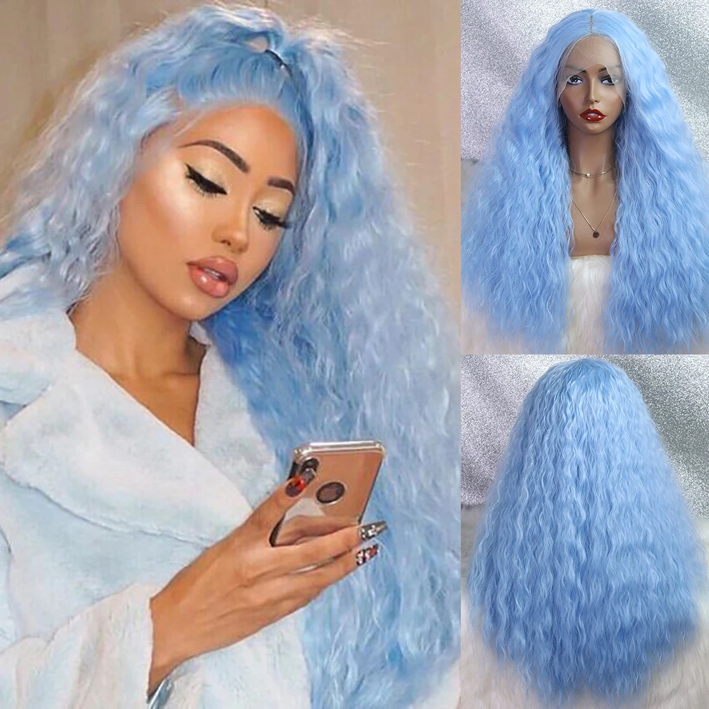 Sky Blue Wig Half Orange Black Synthetic Lace Front Wig Heat Resistant