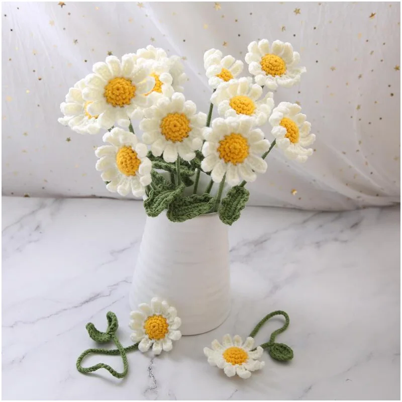 Finished 10pcs Hand-knitted Handmade Yarn Crochet Sunflower Bouquet Decorative Wedding Artificial Daisy Flowers Home Decoration