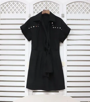 

Women's Black Mini Dress Rivets Decoration Short Sleeves Lace-up Autumn Winter Ladies Short Dresses