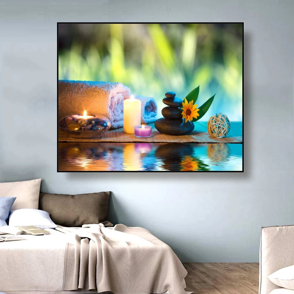 Canvas Painting Bath towels & Bath salt stacked stones candle Art Poster Picture Wall Decor Modern Home Decoration For Bathroom