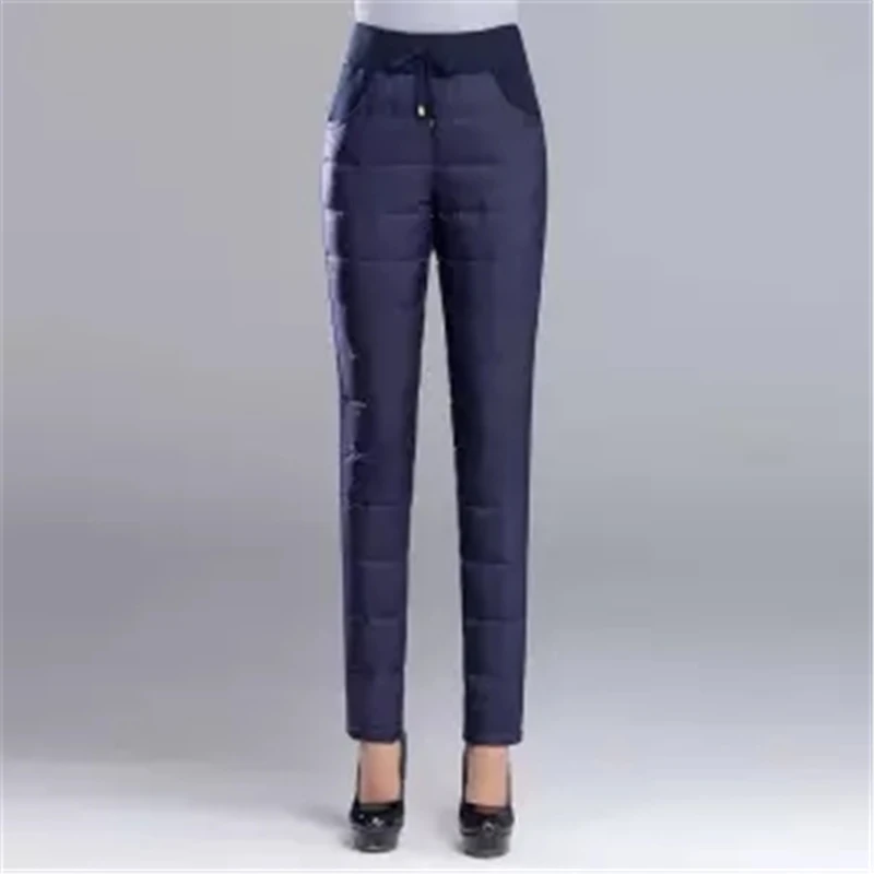 navy blue Зимняя женская верхняя одежда с высокой талией и вельветом, утолщенные пуховые штаны, эластичные теплые леггинсы, большие размеры, брюки на белом утином пуху - Цвет: navy blue