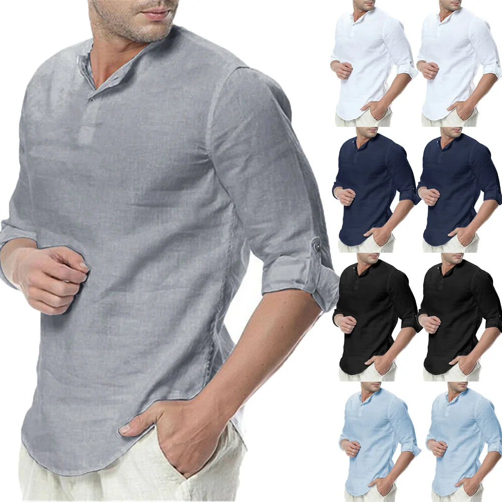 Хэнли летняя популярная мужская повседневная хлопковая льняная футболка, Топы, Повседневная модная новая свободная футболка с v-образным вырезом и длинным рукавом