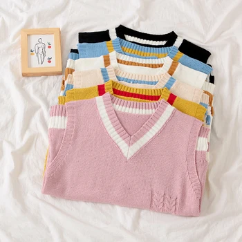 

2020 women knitted tops cotton sleeveless pullover v-neck all match casual female sweater outerwear students girls waistcoat