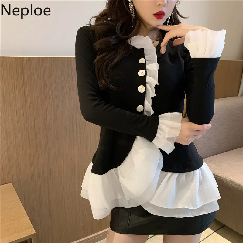 Neploe, белые, черные футболки контрастных цветов с рюшами, лоскутный пуловер, топы на пуговицах, женская футболка с длинным Расклешенным рукавом и круглым вырезом, 56455