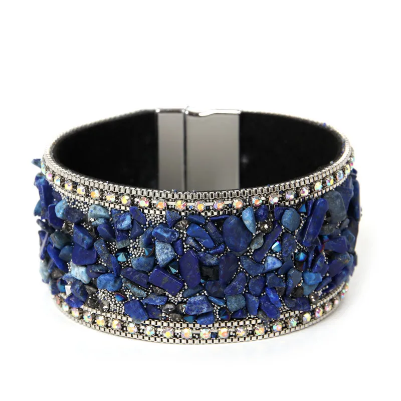 royal blue Кожа Стразы Ретро Женский Браслет-манжета цепочка из натурального бисера браслеты - Окраска металла: royal blue