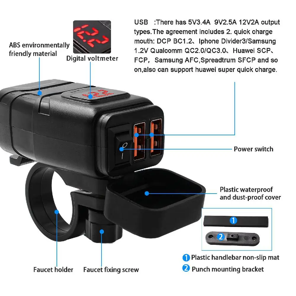 Водонепроницаемый Dual USB QC 3,0 Быстрая зарядка 12V телефонное Зарядное устройство мотоцикла, встроенная в транспортное средство Зарядное устройство с красным переключатель вольтметра