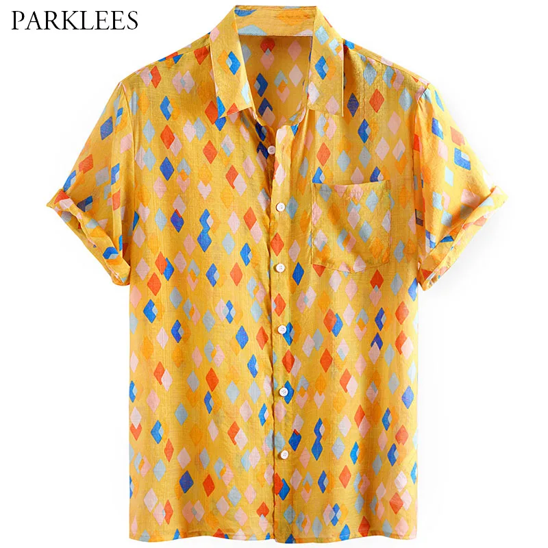 

Colorful Small Cube Printed Shirts for Men Fashion Casual Chemise Homme Hawaiian Beach Holiday Summer Mens Short Sleeve Shirt